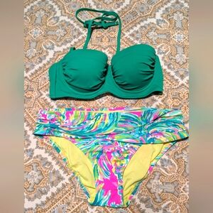 Lilly Pulitzer Swim Set Green Top With Floral Bright Bottom Both Size Medium